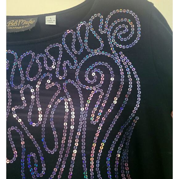 VTG Bob Mackie Wearable Art Black Sequin Holographic 3/4 Sleeve Cotton Top L - Picture 10 of 10